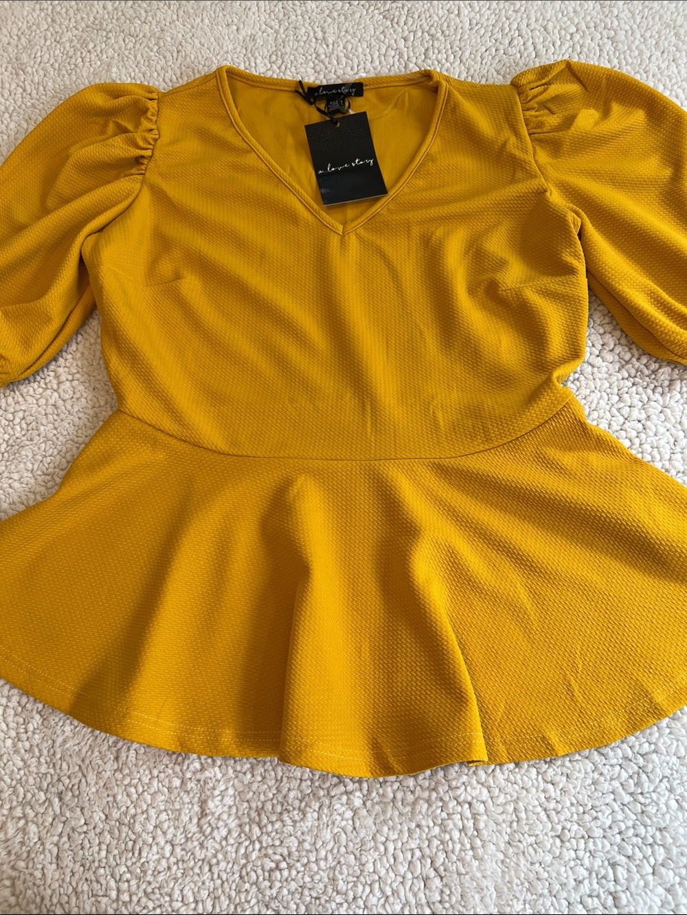 A Love Story Mustard Peplum Puff-Sleeve Blouse